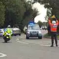 Motorbike outriders steam down the B1077, The Tour of Britain, Brome, Suffolk - 17th September 2011