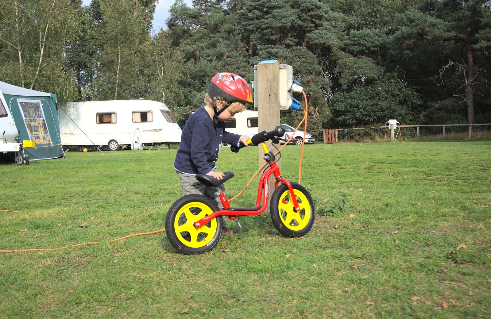 Fred picks up his balance bike from Fred's Birthday and Mildenhall Camping, Suffolk - 25th September 2011