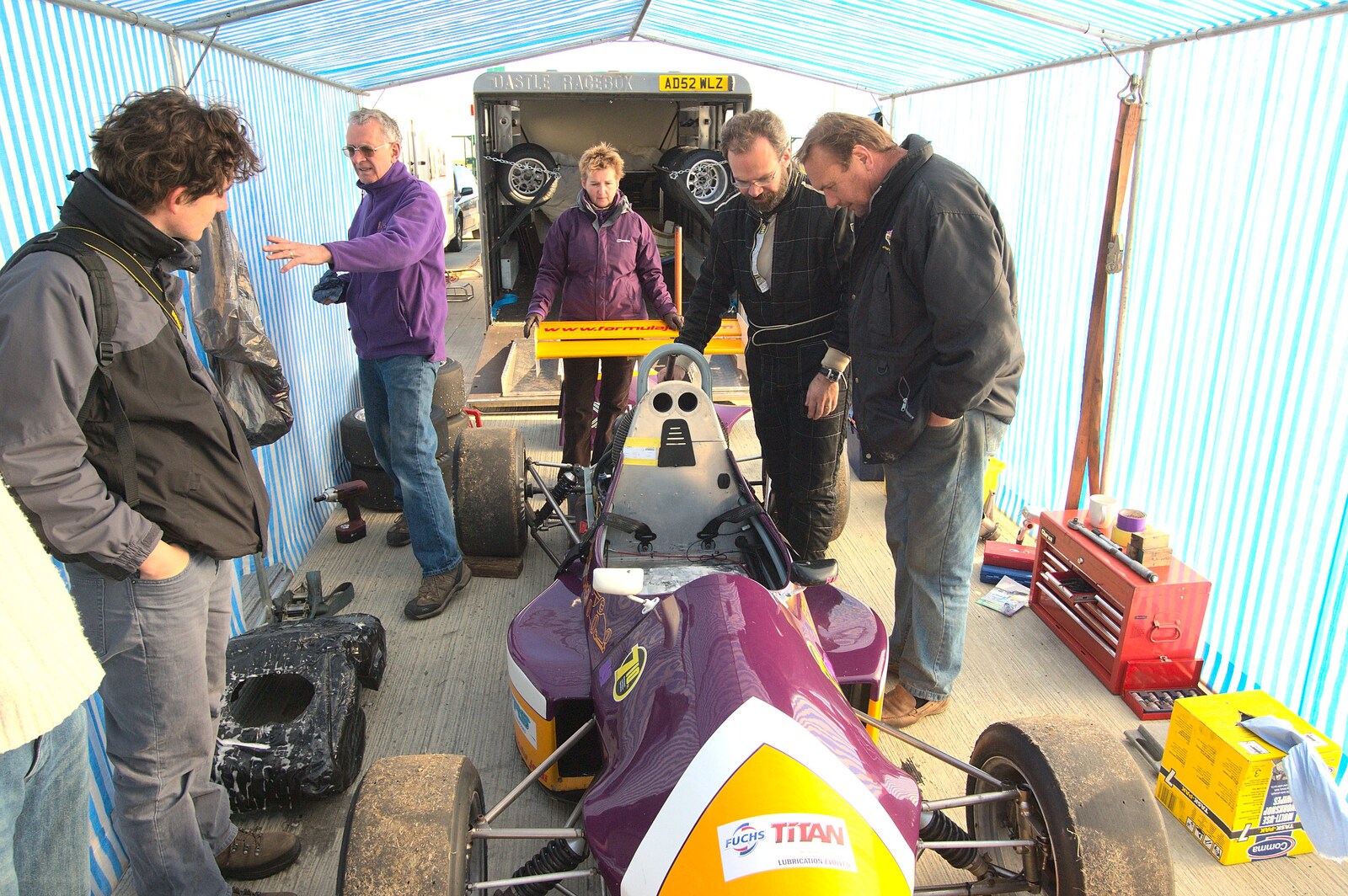 The team discuss the crash damage to Paul's car from TouchType at Silverstone, Northamptonshire - 22nd October 2011