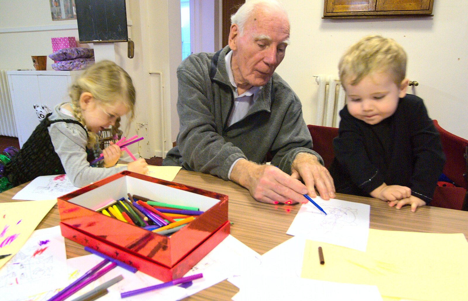 Amelia's grandad helps with some drawing from Amelia's Birthday, Brome Village Hall, Suffolk - 29th October 2011