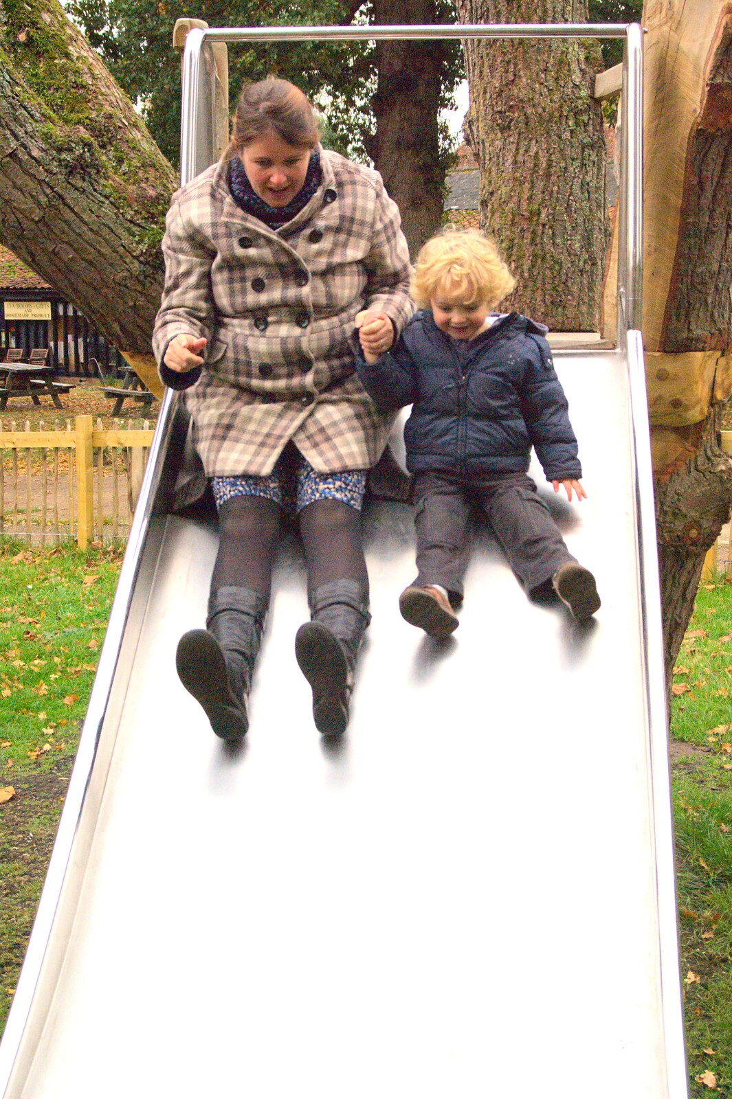 Isobel and Fred do the big slide from Autumn in Thornham Estate, Thornham, Suffolk - 6th November 2011