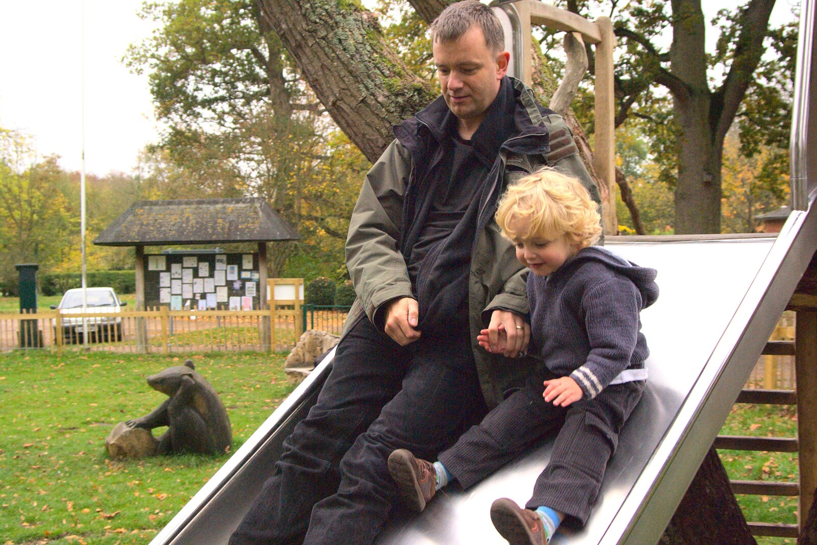 Nosher and Fred have a go on the slide from Autumn in Thornham Estate, Thornham, Suffolk - 6th November 2011