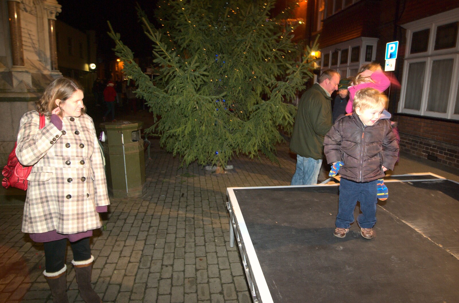 Fred climbs onto the stage from The Christmas Lights Switch-On, Eye, Suffolk - 2nd December 2011