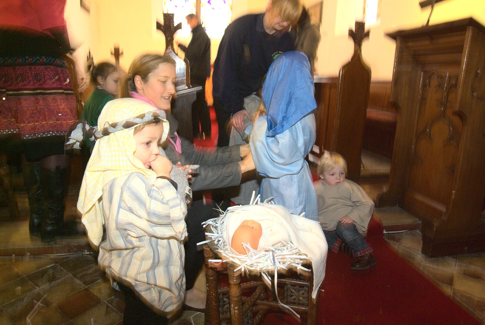 Baby Jesus' acting is a little wooden from Fred's First Nativity, St. Peter's Church, Palgrave, Suffolk - 8th December 2011