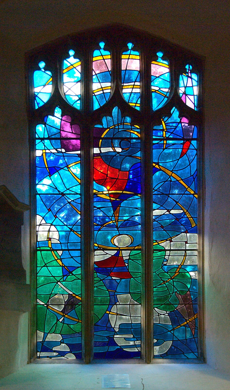 A striking modern stained glass window from Fred's First Nativity, St. Peter's Church, Palgrave, Suffolk - 8th December 2011