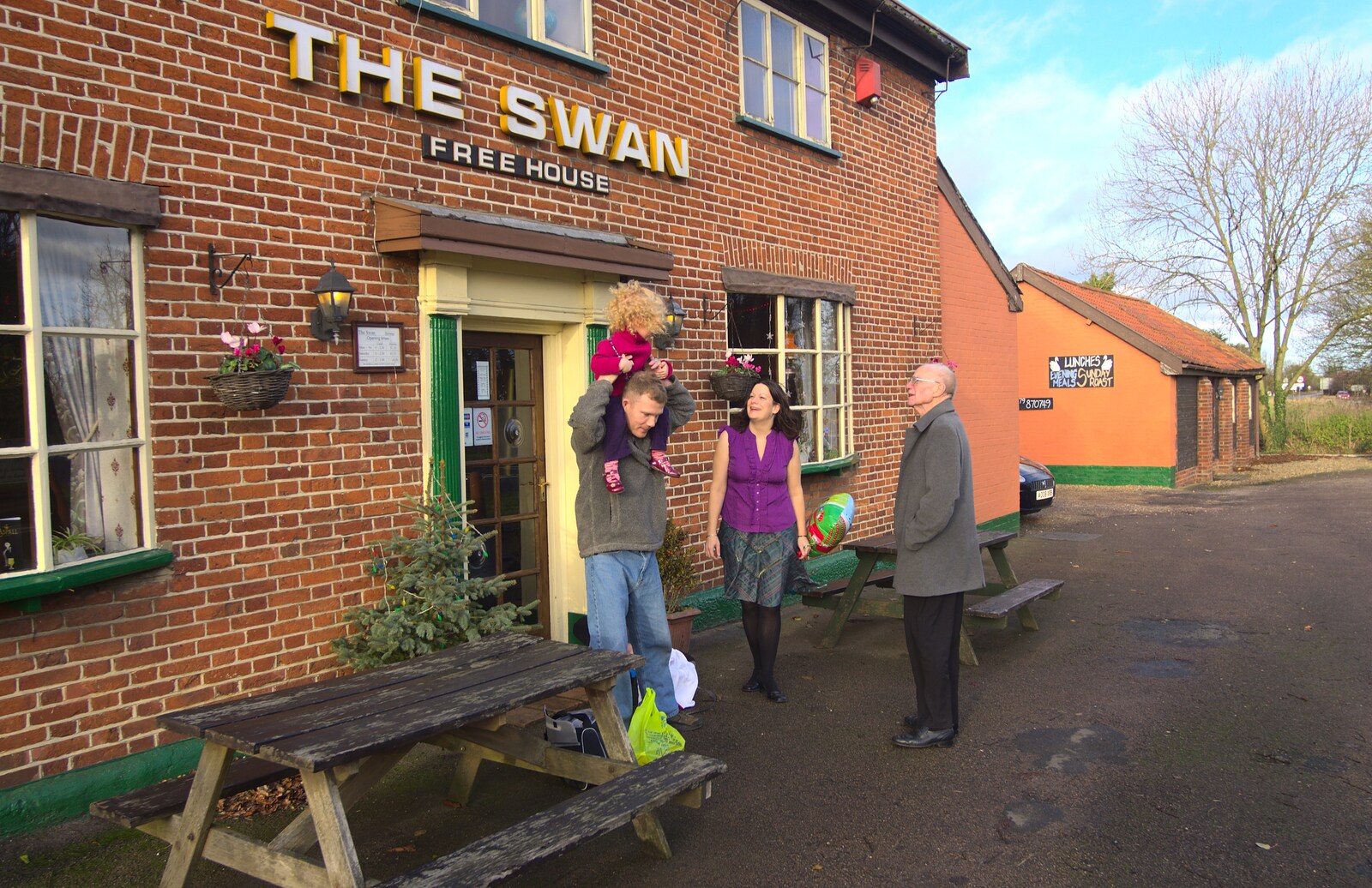 Outside, the Mikey P massive chat to Grandad from Christmas Day in the Swan Inn, Brome, Suffolk - 25th December 2011