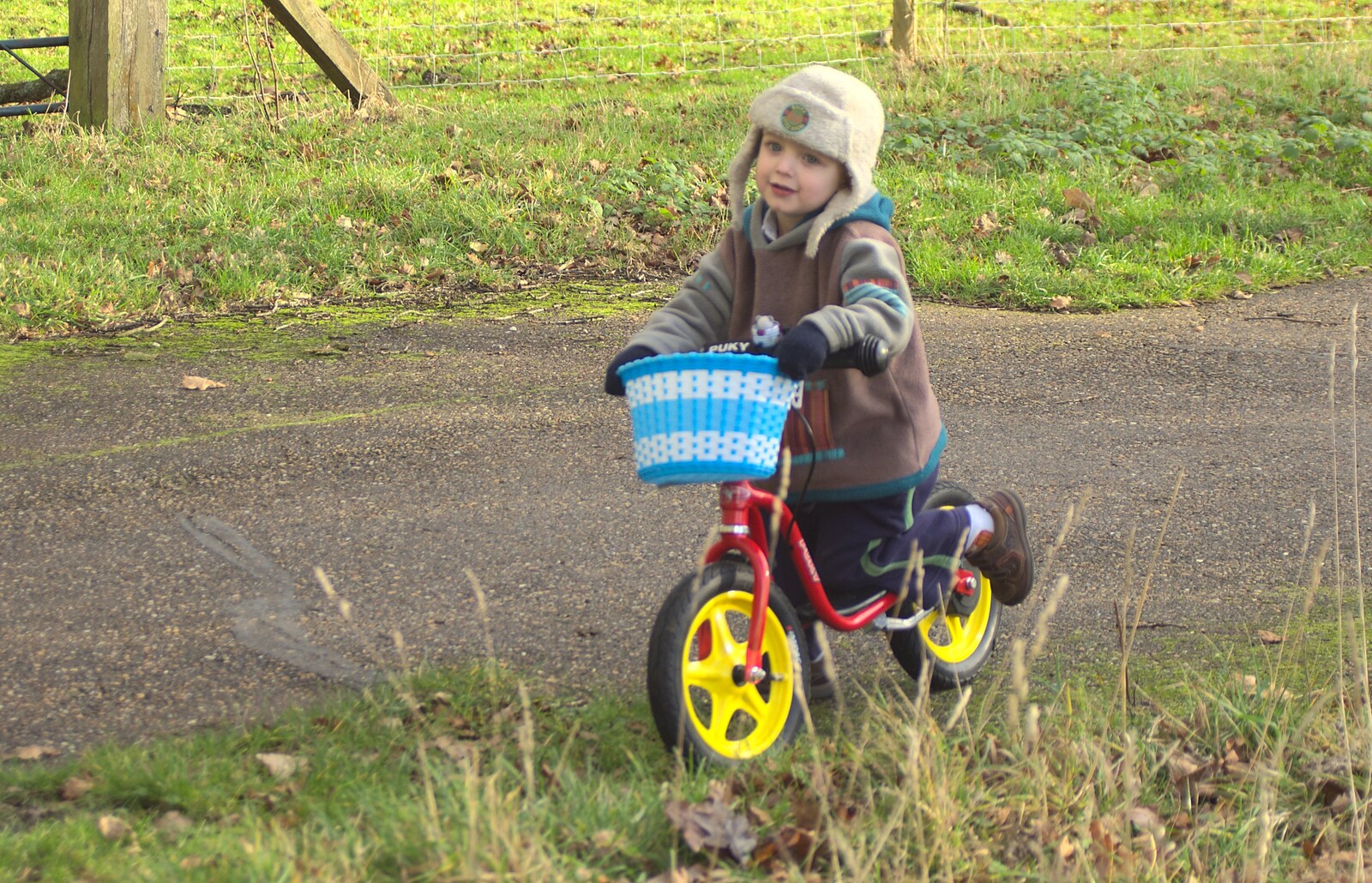 Fred on his little balance bike from A Boxing Day Walk, and a Trip to the Beach, Thornham and Southwold, Suffolk - 26th December 2011