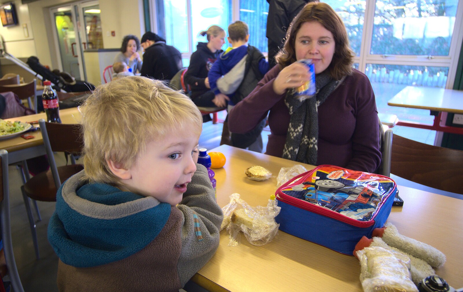 Fred and Isobel in the canteen at Banham Zoo from Trips to Banham Zoo and Norwich, Norfolk - 2nd January 2012