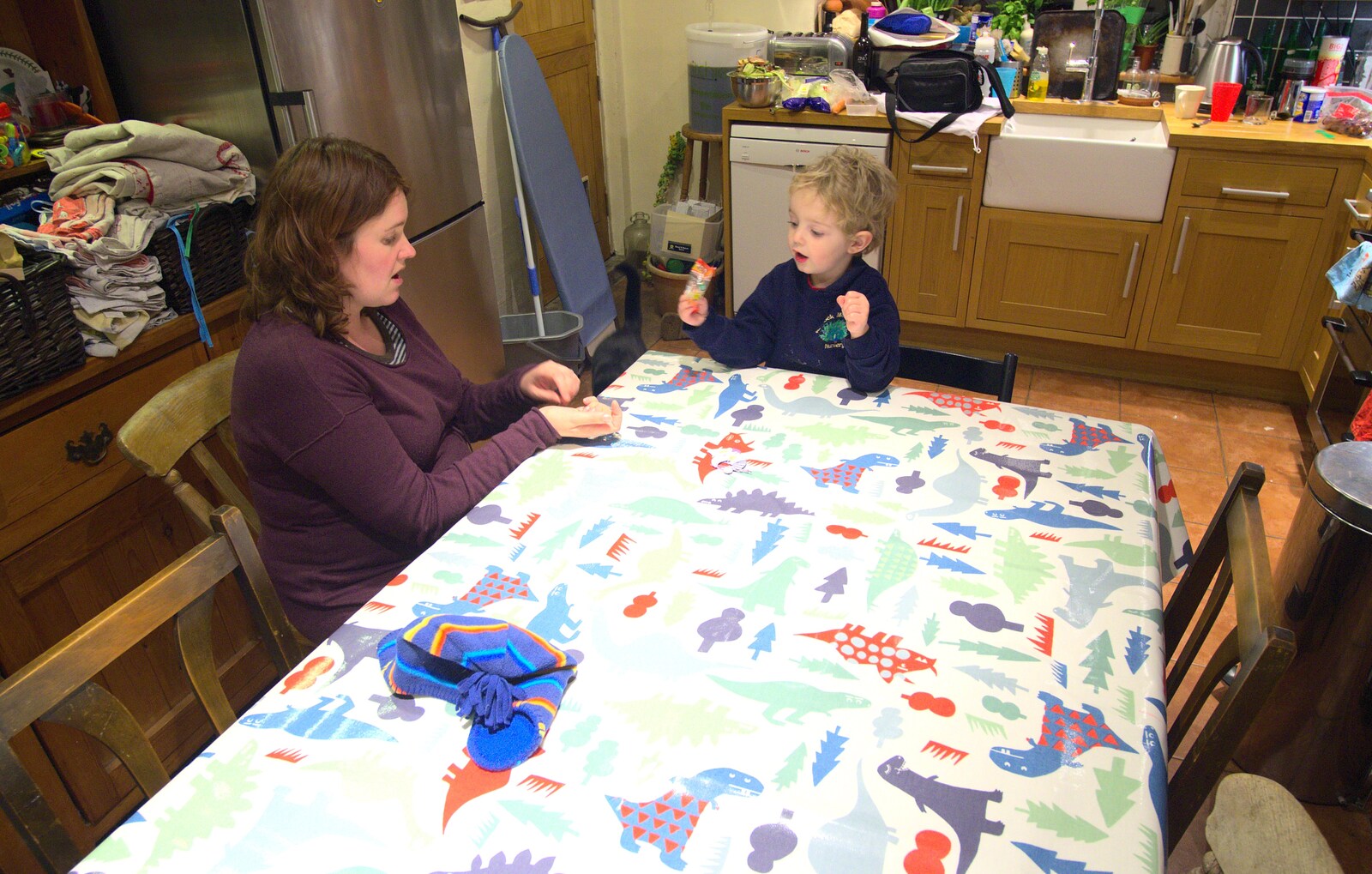 Our new John Lewis Dinosaur tablecloth from Trips to Banham Zoo and Norwich, Norfolk - 2nd January 2012