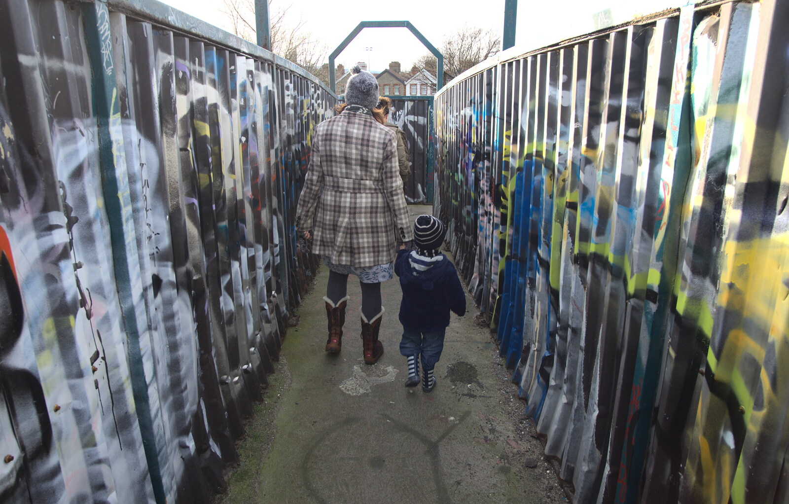 Isobel and Fred on graffiti bridge from A Morning in Blackrock, County Dublin, Ireland - 8th January 2012