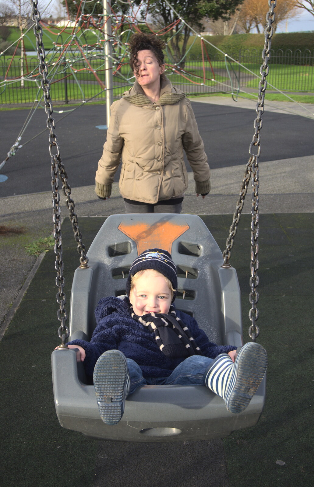 Evelyn pushes Fred on a swing from A Morning in Blackrock, County Dublin, Ireland - 8th January 2012