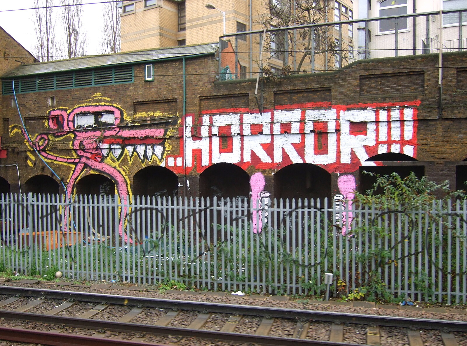 Pink graffiti monster: Horror!!! from Railway Randomness, and Grandad Sets Fire to Stuff, London and Brome, Suffolk - 22nd January 2012