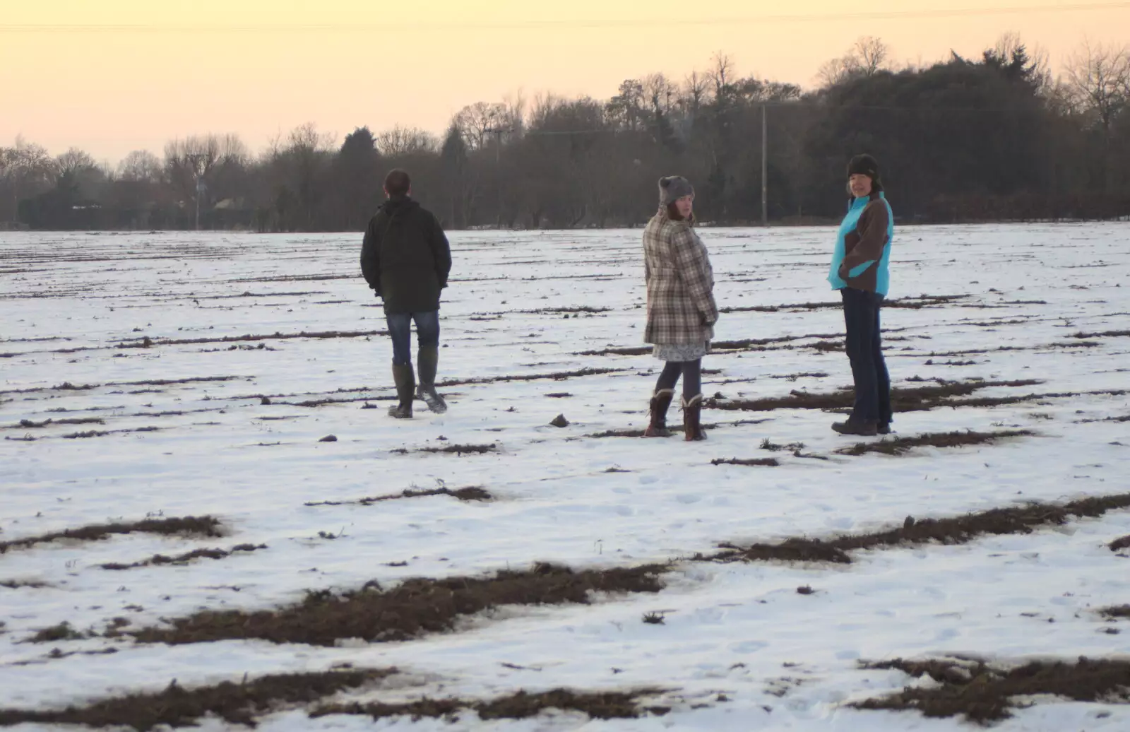 Matt, Isobel and Sis on the field, from Winter Walks with Sis and Matt, Brome and Thornham, Suffolk - 11th February 2012