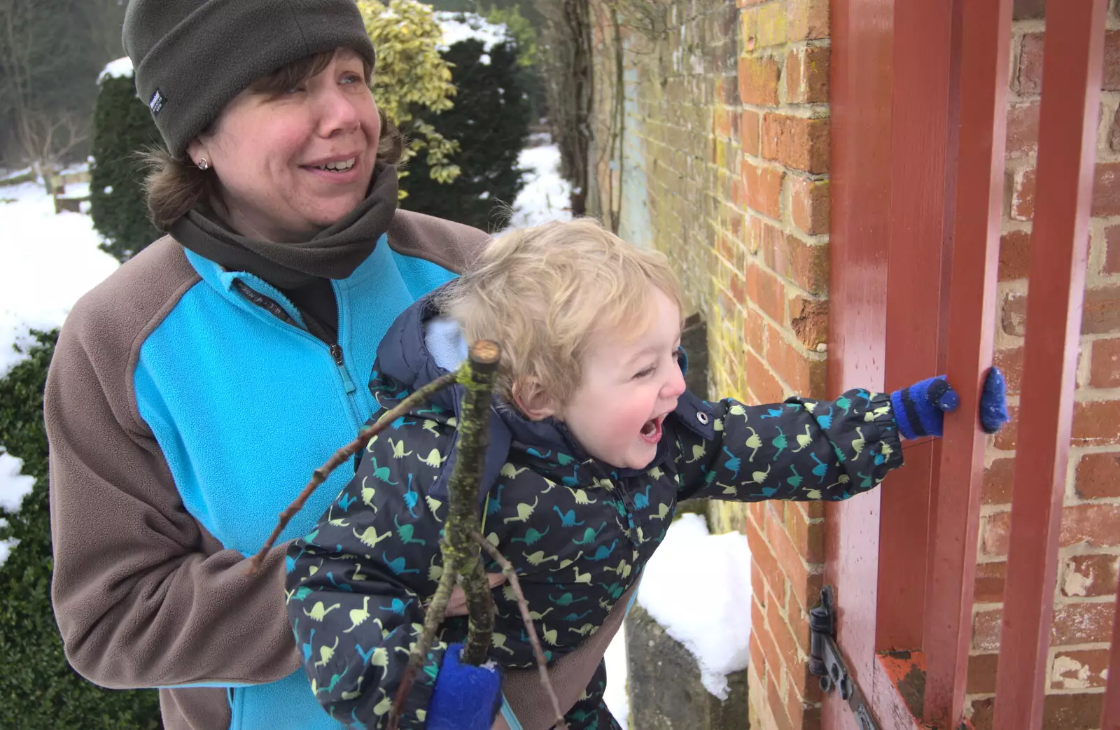 Fred clings on to a gate, from Winter Walks with Sis and Matt, Brome and Thornham, Suffolk - 11th February 2012