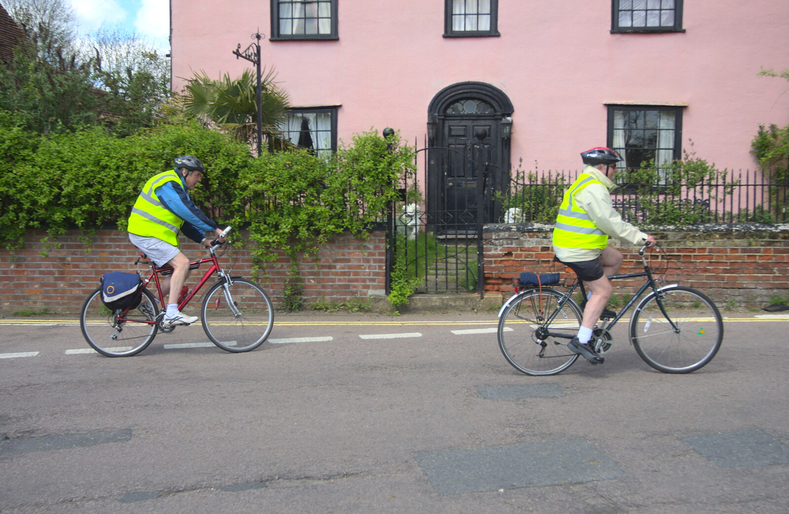 Alan and Colin cycle off from The BSCC Cycling Weekend, The Swan Inn, Thaxted, Essex - 12th May 2012