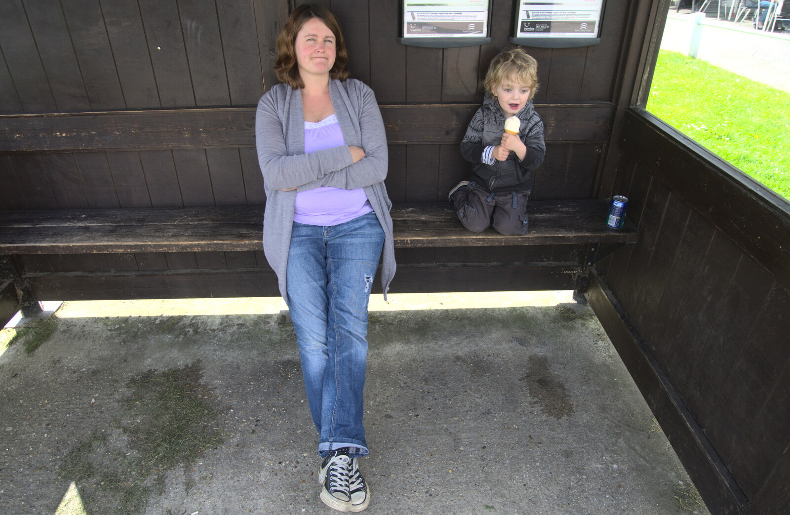 Isobel and Fred in a bus shelter from The BSCC Cycling Weekend, The Swan Inn, Thaxted, Essex - 12th May 2012