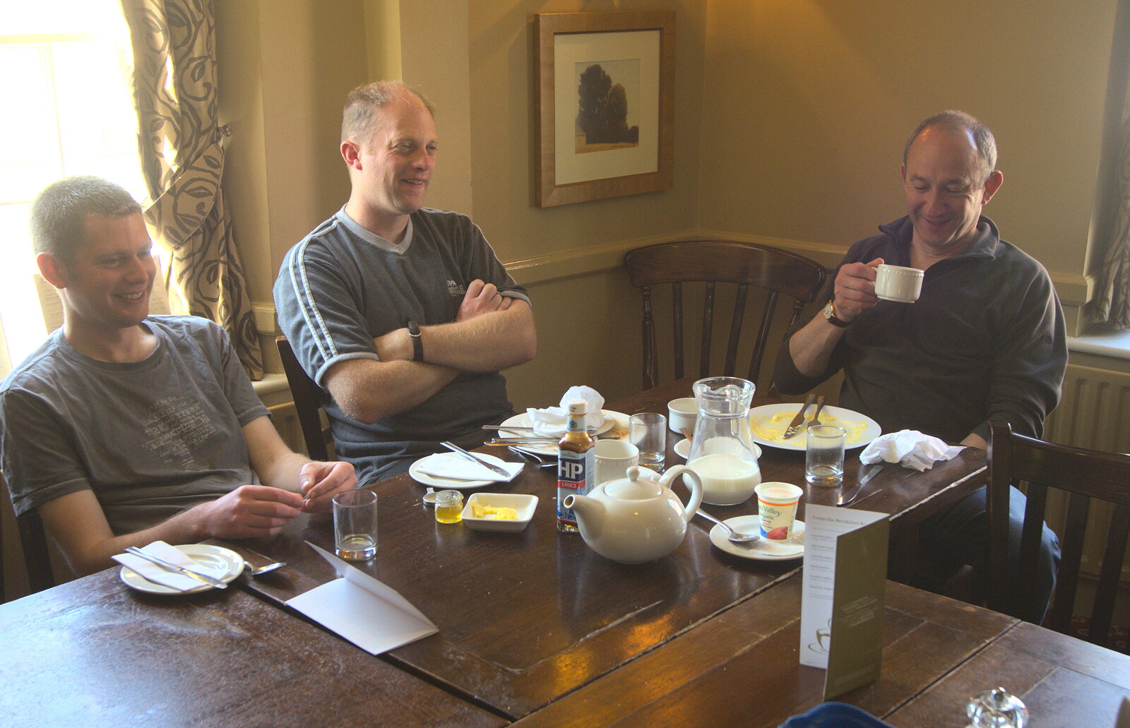 Phil, Paul and DH eat breakfast from The BSCC Cycling Weekend, The Swan Inn, Thaxted, Essex - 12th May 2012