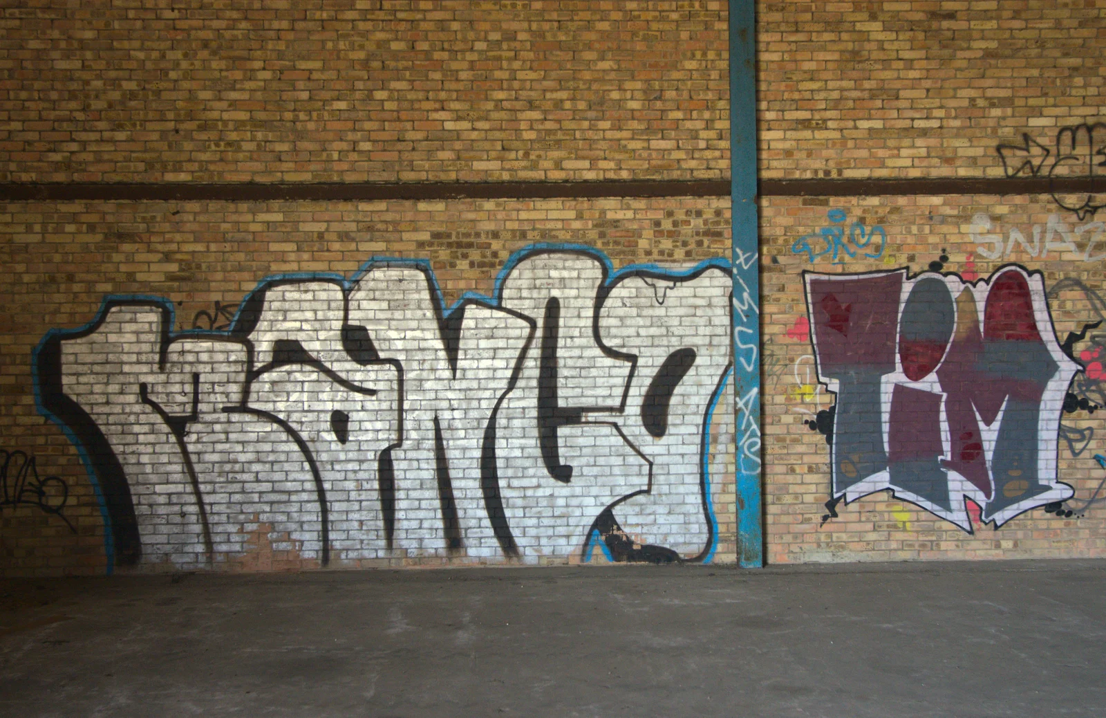 Tags inside the huge barn/warehouse, from Rural Norfolk Dereliction and Graffiti, Ipswich Road, Norwich - 27th May 2012