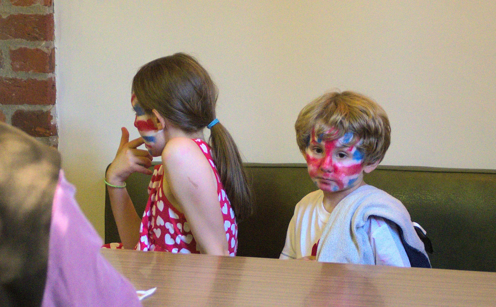 A folorn-looking boy with Union Jack face paint, from The Queen's Diamond Jubilee Weekend, Eye and Brome, Suffolk - 4th June 2012