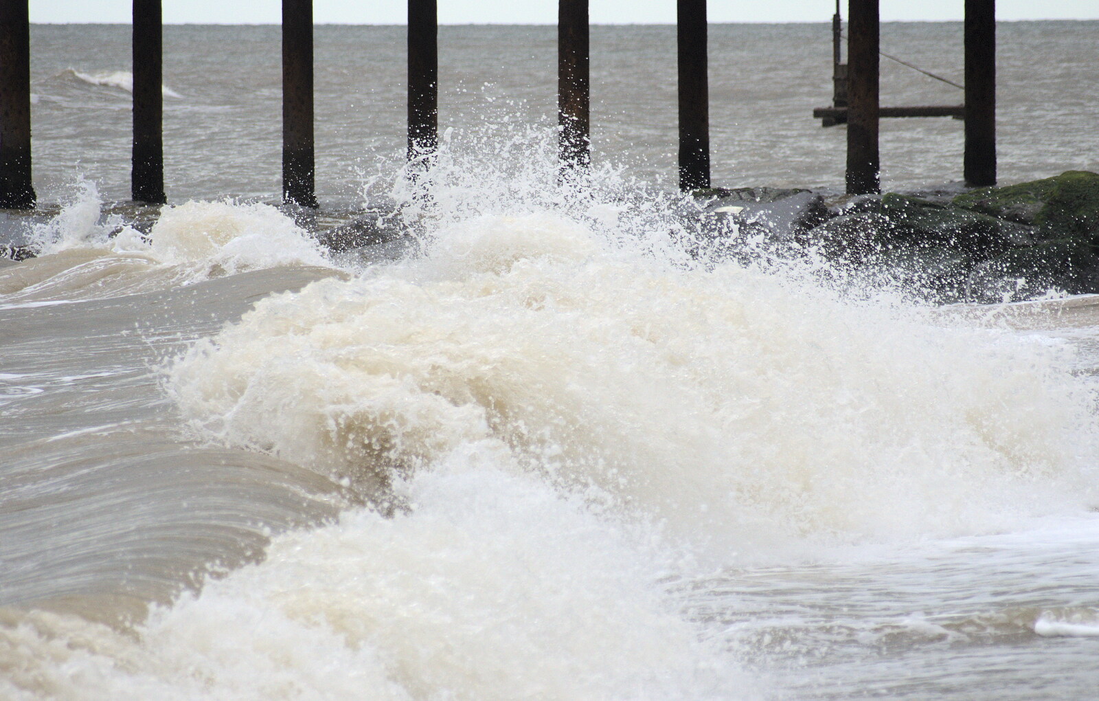 Seas thrash around near the pier from A Night at the Crown Hotel, Southwold, Suffolk - 13th June 2012