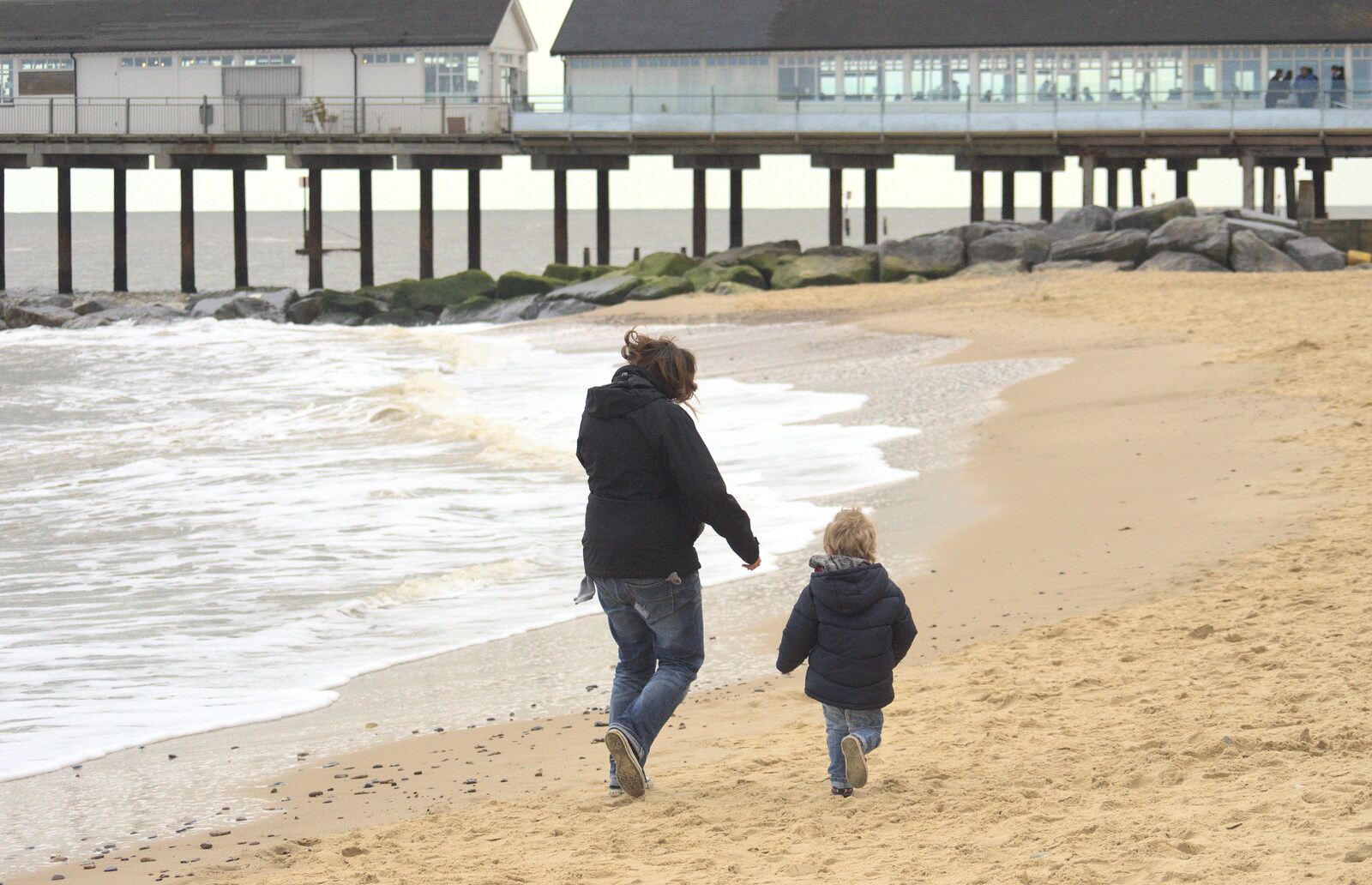 Isobel and Fred on a windy beach from A Night at the Crown Hotel, Southwold, Suffolk - 13th June 2012
