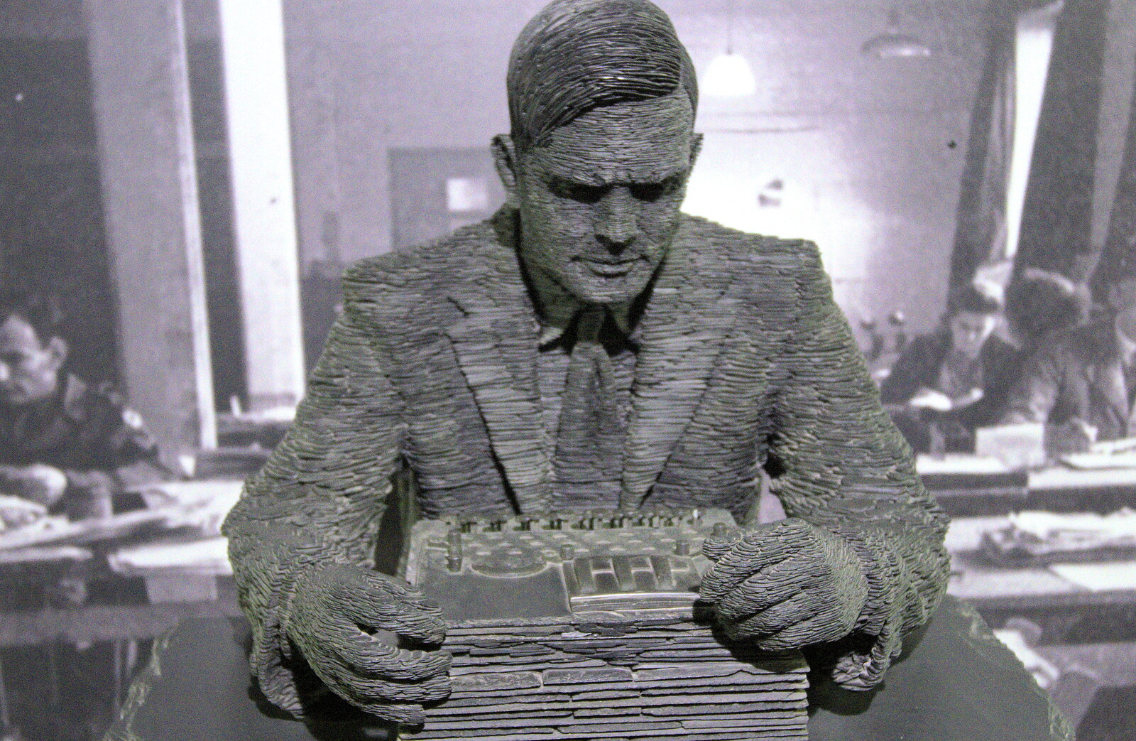 A slate statue of Alan Turing from TouchType does Bletchley Park, Bletchley, Bedfordshire - 20th July 2012