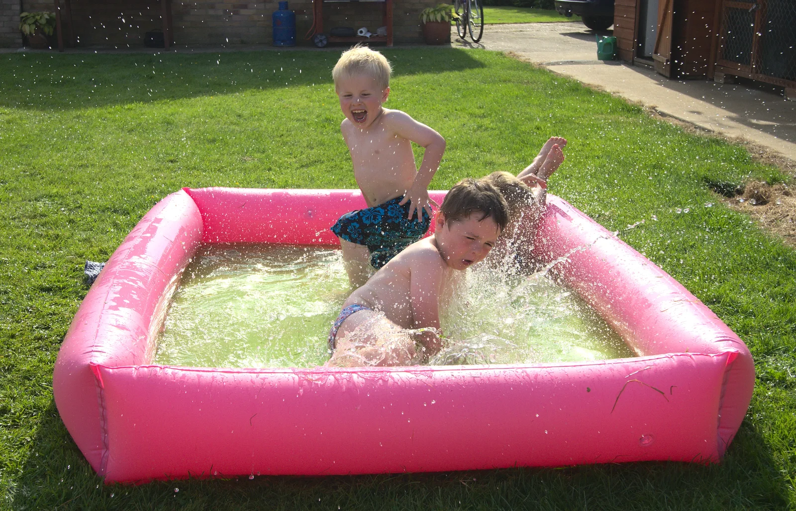 The boys pile in to the pool, from "Grandma Julie's" Barbeque Thrash, Bressingham, Norfolk - 19th August 2012