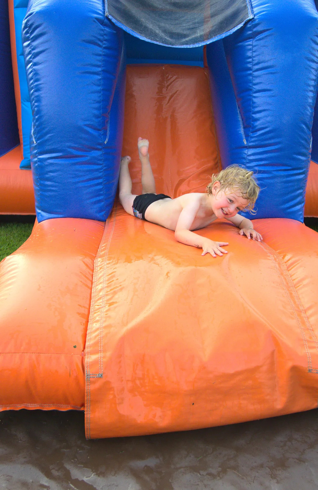 Fred slides down a wet chute, from "Grandma Julie's" Barbeque Thrash, Bressingham, Norfolk - 19th August 2012