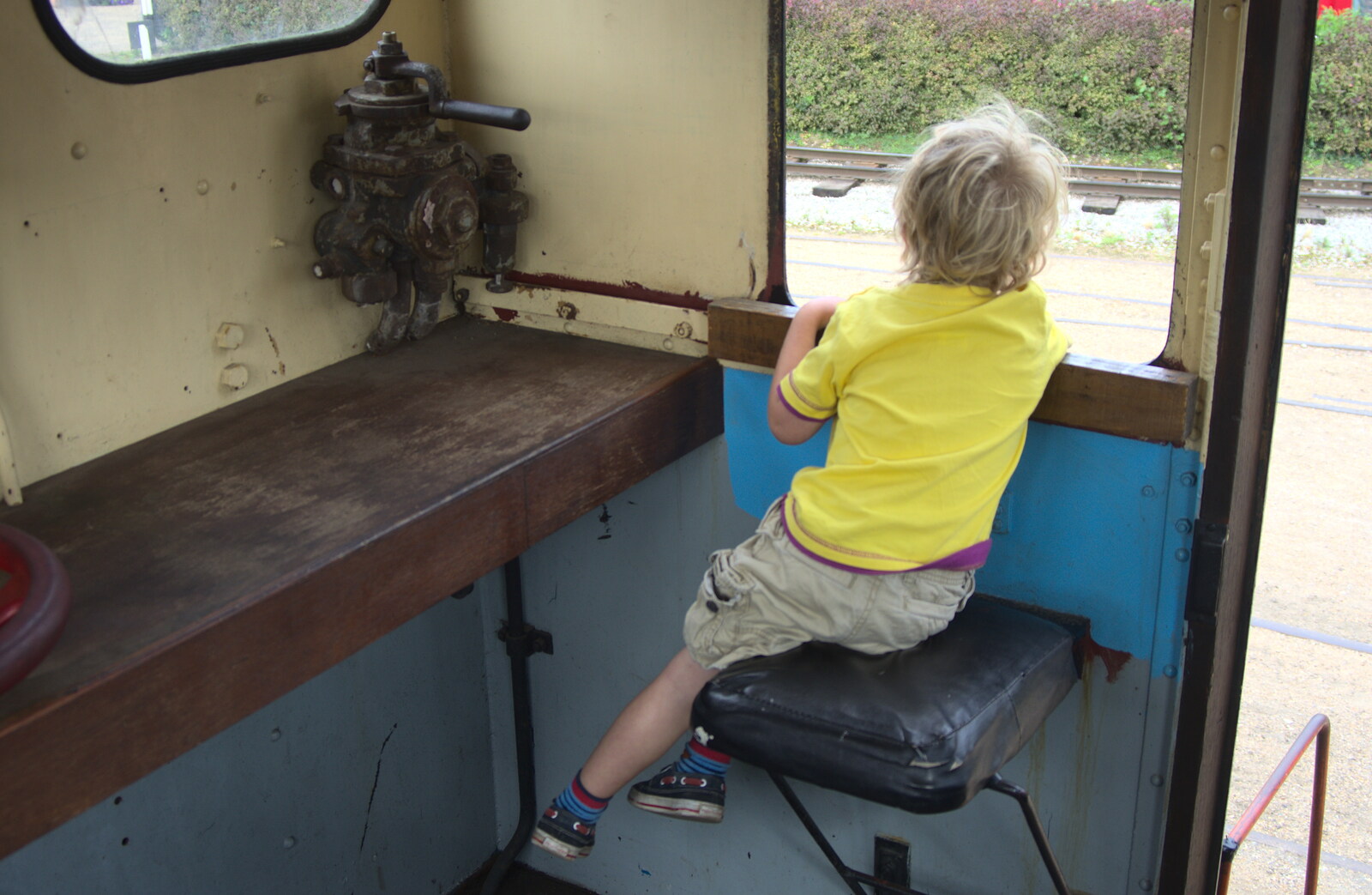 Fred peers out of Mavis's window from A Bressingham Steam Day, Norfolk, 27th August 2012