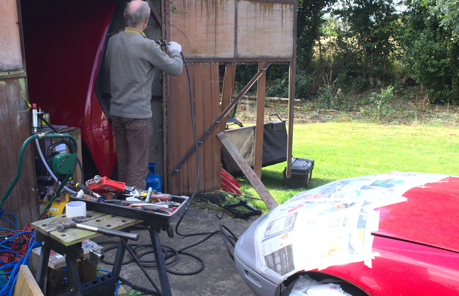 Graham prepares to spray the MX-5 from Camping at Dower House, West Harling, Norfolk - 1st September 2012