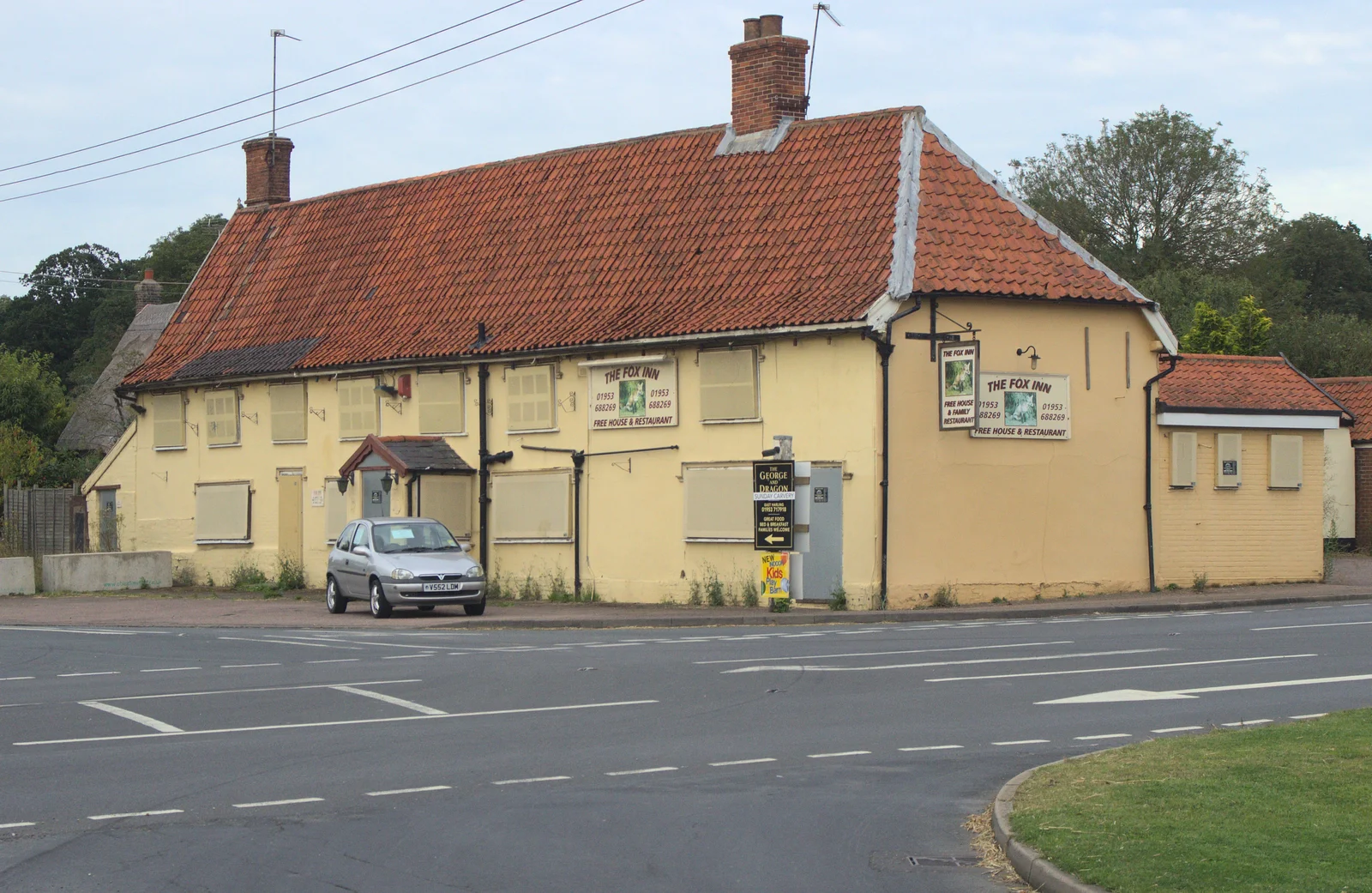 The boarded up Fox Inn at Garboldisham, from Camping at Dower House, West Harling, Norfolk - 1st September 2012