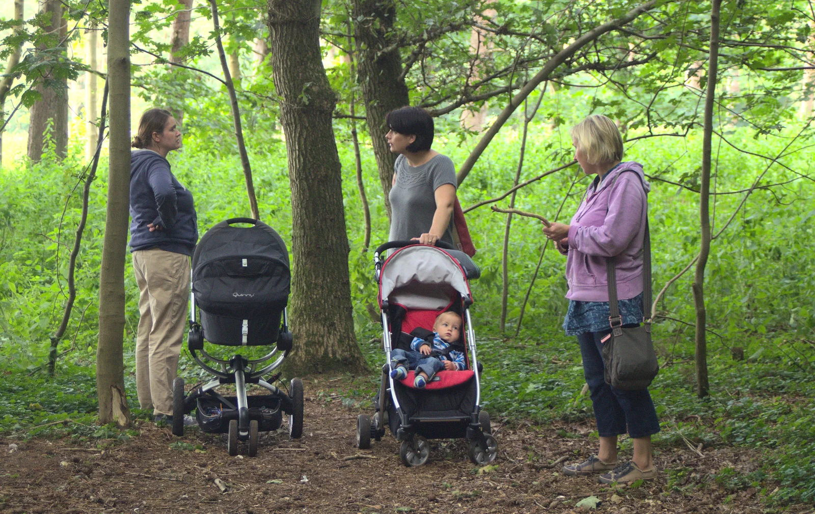 There's a pause for a chat in the woods, from Camping at Dower House, West Harling, Norfolk - 1st September 2012