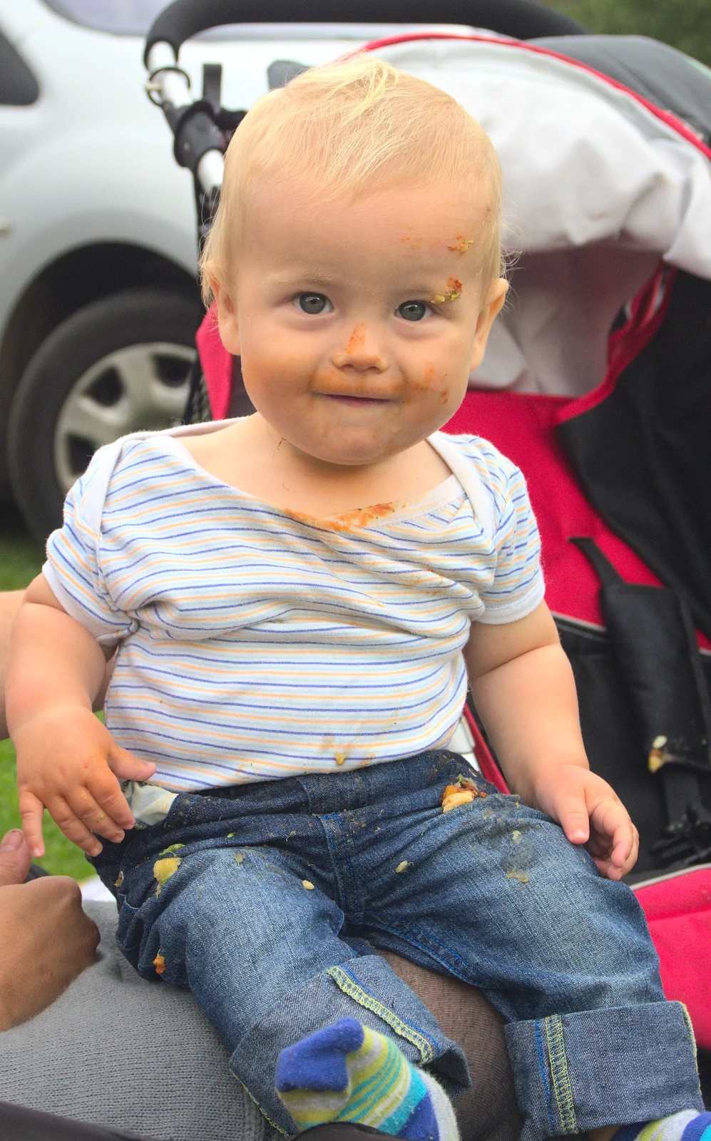 Jack's got orange stuff all over his face, from Camping at Dower House, West Harling, Norfolk - 1st September 2012