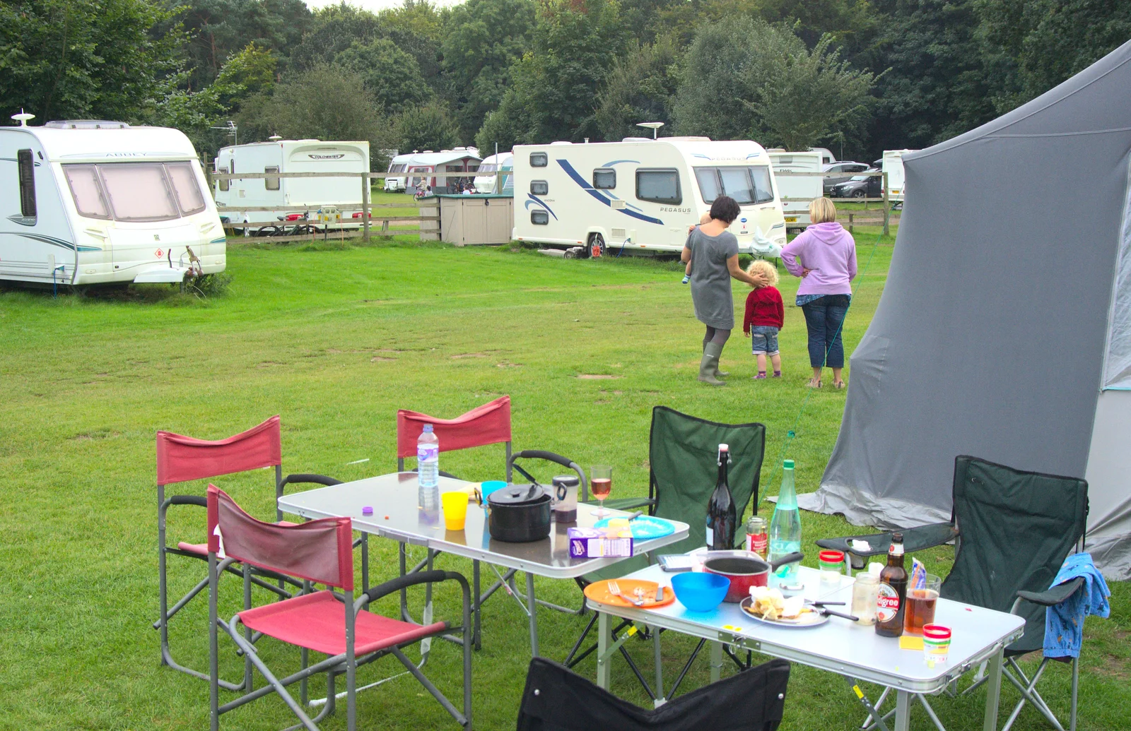 Picnic tables for tea, from Camping at Dower House, West Harling, Norfolk - 1st September 2012