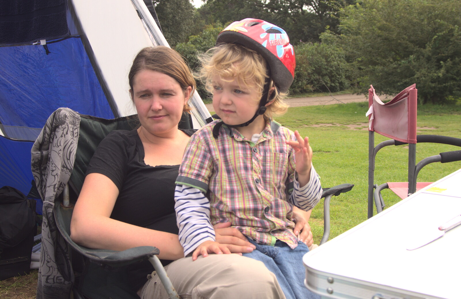 Fred sits on Isobel's lap from Camping at Dower House, West Harling, Norfolk - 1st September 2012