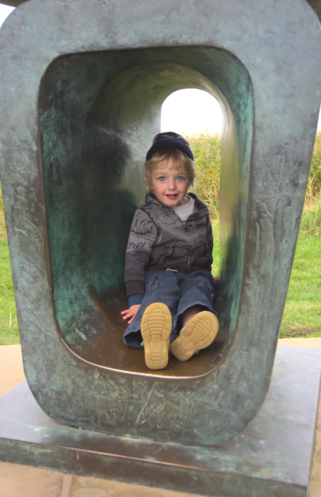 Fred sits in the sculpture, from The Aldeburgh Food Festival, Aldeburgh, Suffolk - 30th September 2012