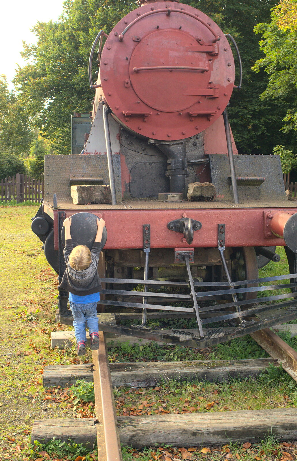 Fred hangs off the buffer of a locomotive from Diss Miscellany, and a Few Hours at Bressingham, Diss and Bressingham, Norfolk - 13th October 2012