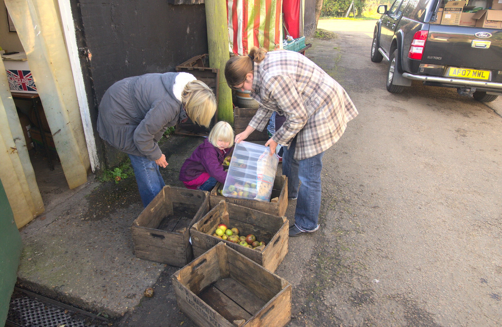Grace transfers apples over to wooden crates from An Appley Sort of Zoo Day, Carleton Rode and Banham, Norfolk - 14th October 2012