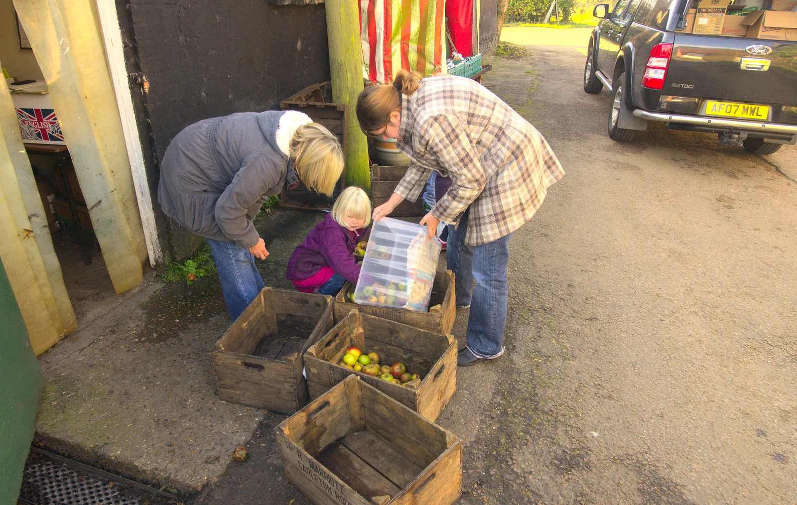 Grace transfers apples over to wooden crates, from An Appley Sort of Zoo Day, Carleton Rode and Banham, Norfolk - 14th October 2012