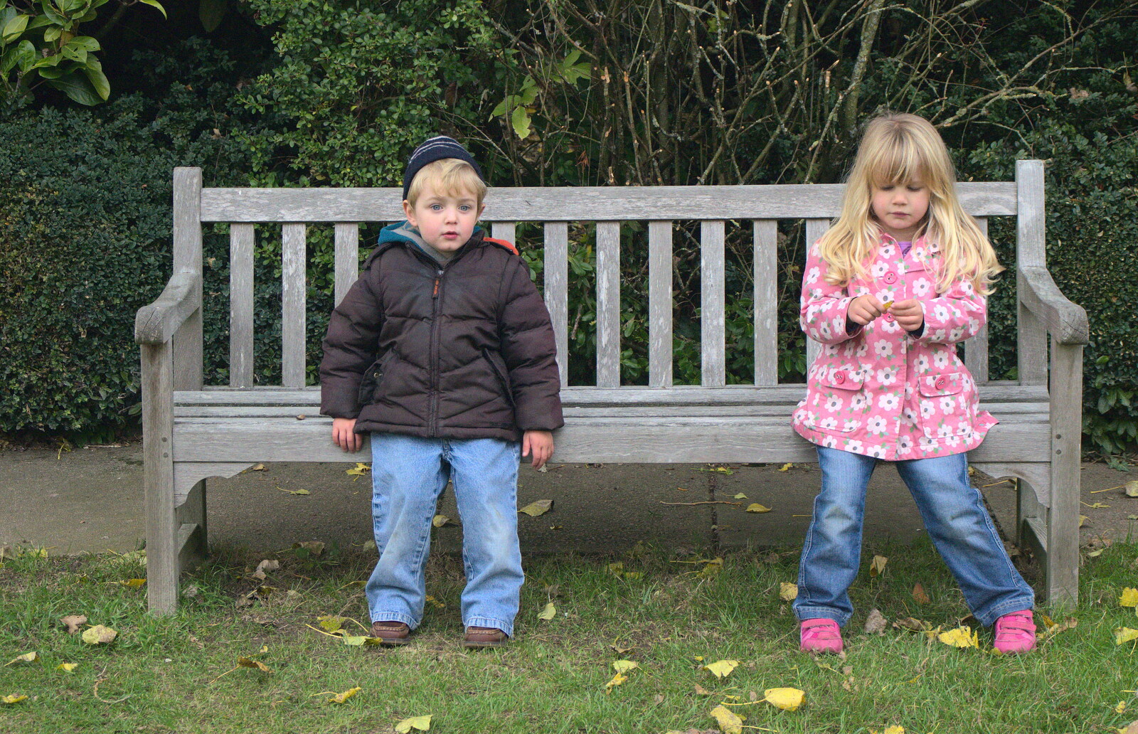 Fred and Anna on a bench from An Appley Sort of Zoo Day, Carleton Rode and Banham, Norfolk - 14th October 2012