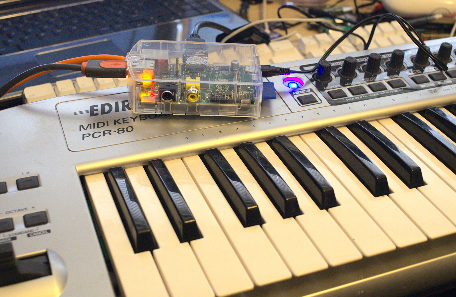 A MIDI keyboard is plugged in to a Raspberry Pi from TouchType Office Life and Pizza, Southwark, London - 20th October 2012