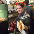 Isobel shows off her tasty sausage snack, The 35th Norwich Beer Festival, St. Andrew's Hall, Norwich - 31st October 2012