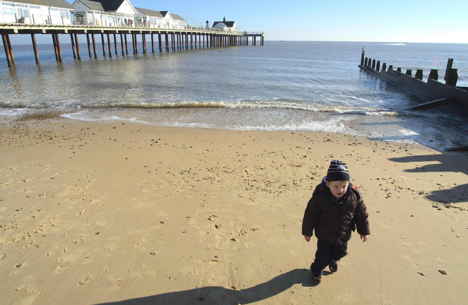 Fred stumps around on the beach, from A Busy Day, Southwold and Thornham, Suffolk - 11th November 2012