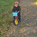 Over in Thornham, Fred's on his balance bike, A Busy Day, Southwold and Thornham, Suffolk - 11th November 2012