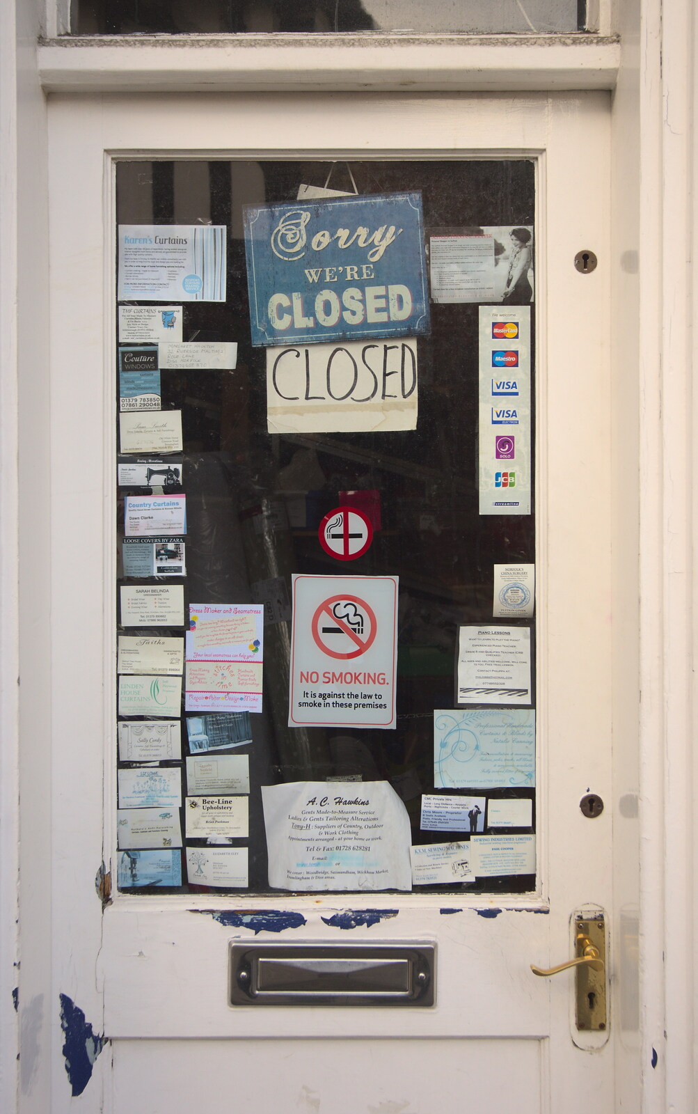 The fabric shop door, with a lot of notices from Sis Comes to Visit, Eye, Suffolk - 18th November 2012