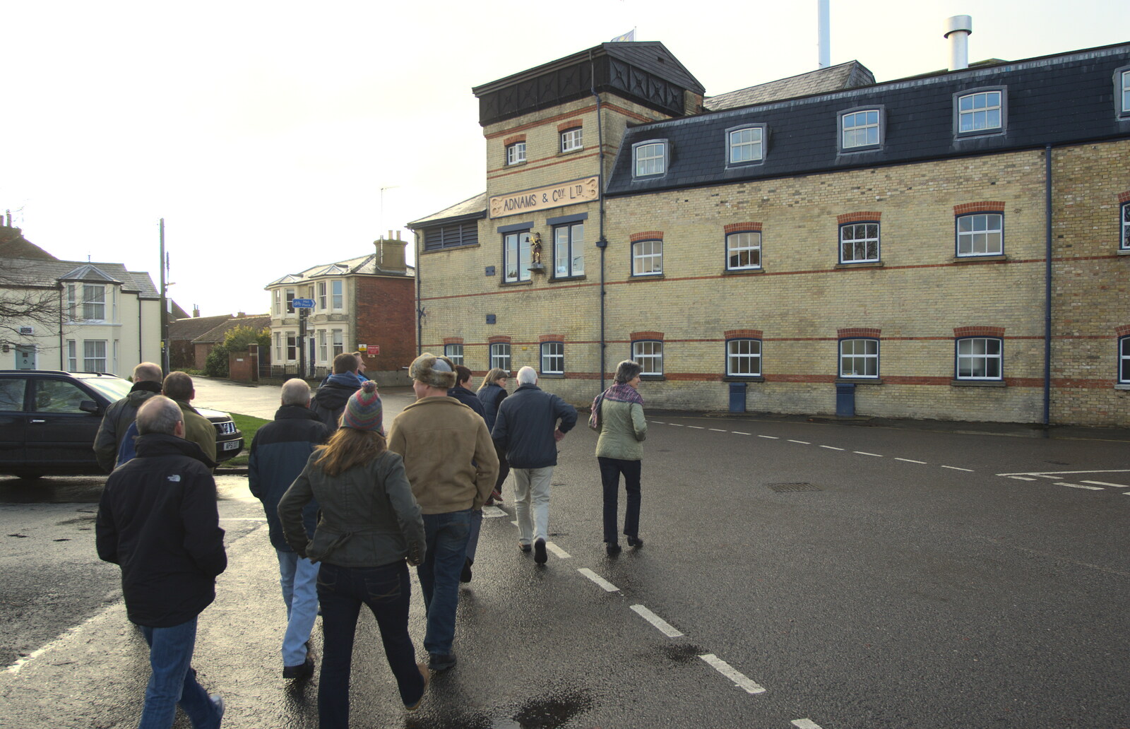 The gang stride over to the start of the tour from Apple's Adnams Brewery Birthday Tour, Southwold, Suffolk - 29th November 2012