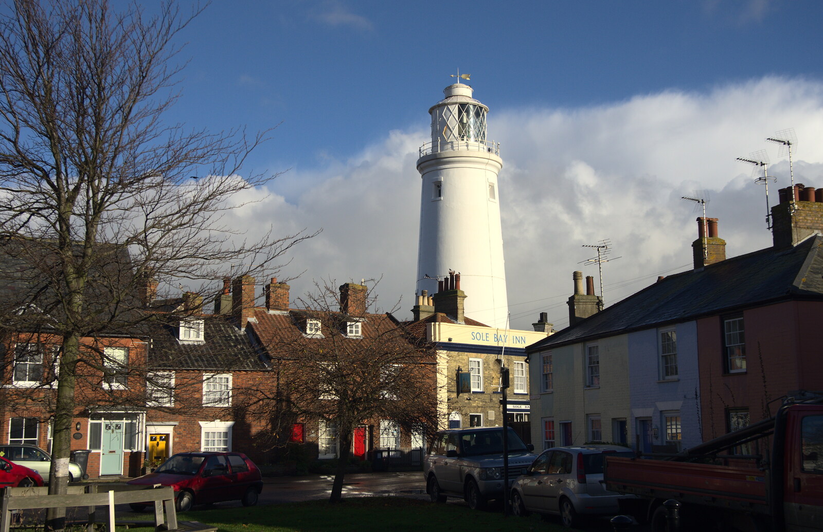 Southwold lighthouse and the Sole Bay Inn from Apple's Adnams Brewery Birthday Tour, Southwold, Suffolk - 29th November 2012