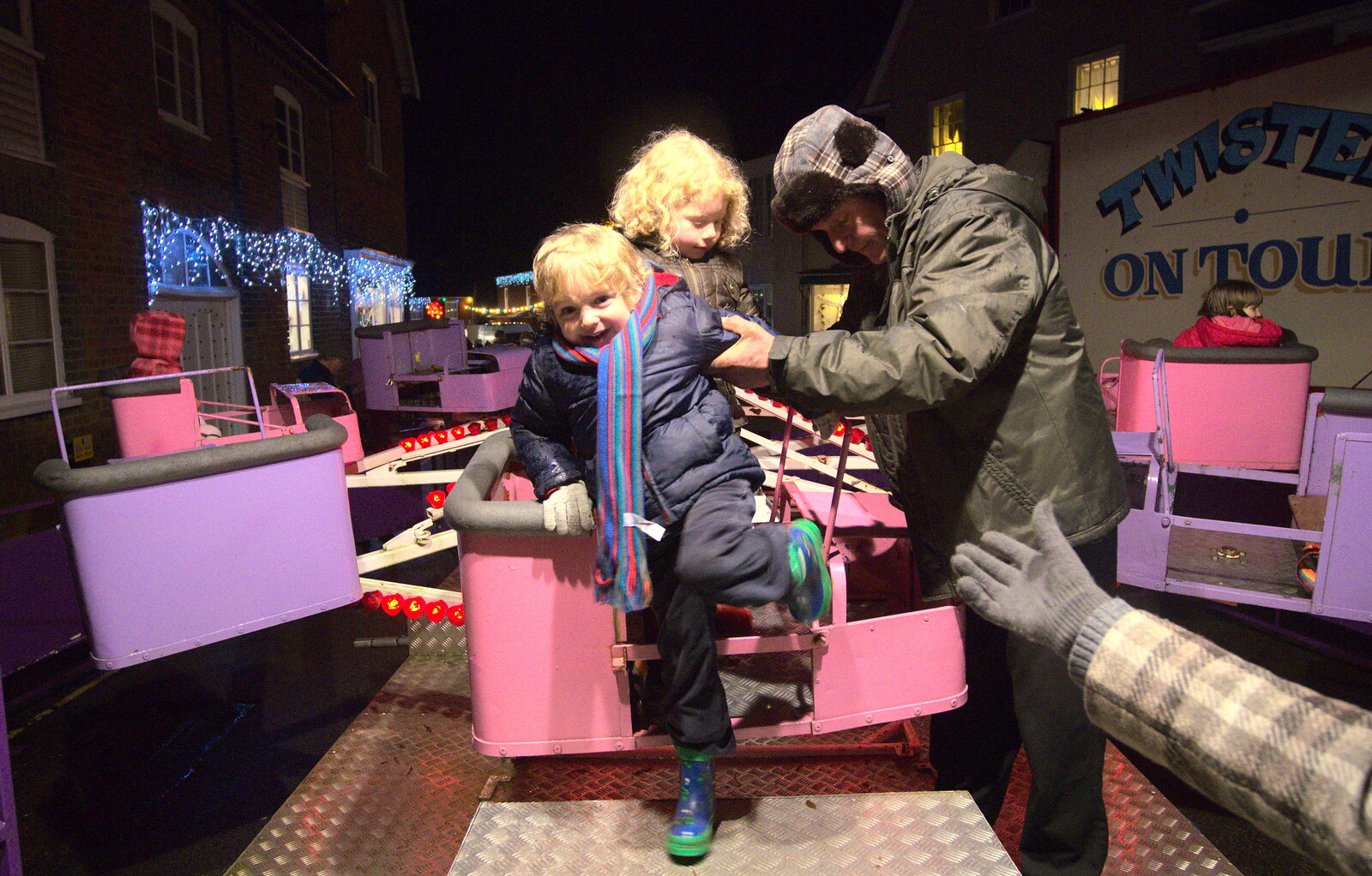 Fred and Rosie get off the ride from The Christmas Lights Switch On, Eye, Suffolk - 7th December 2012