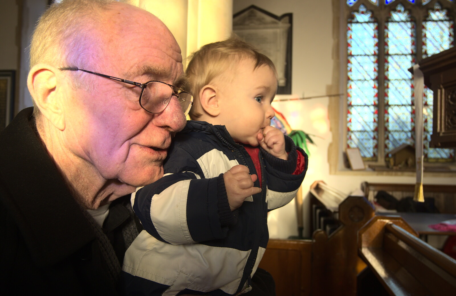 Grandad and Harry watch the unfolding events from Fred's Nursery Nativity, Palgrave, Suffolk - 13th December 2012