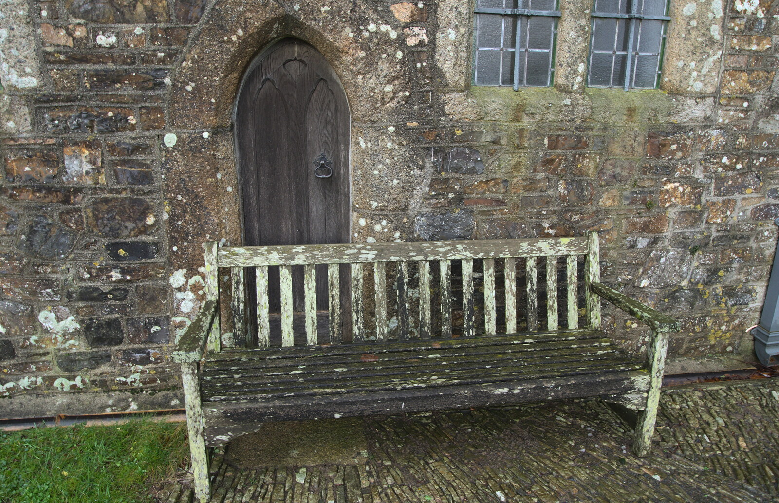 Well-weathered bench at St. Michael's Church from A Trip to Spreyton, Devon - 24th December 2012